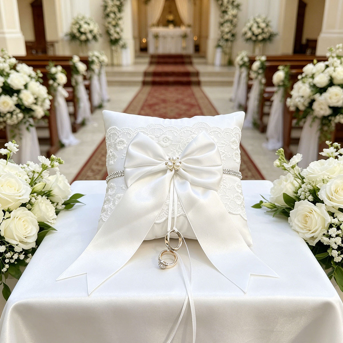 Ring Bearer Pillow - Wit kanten trouwringkussen met grote satijnen