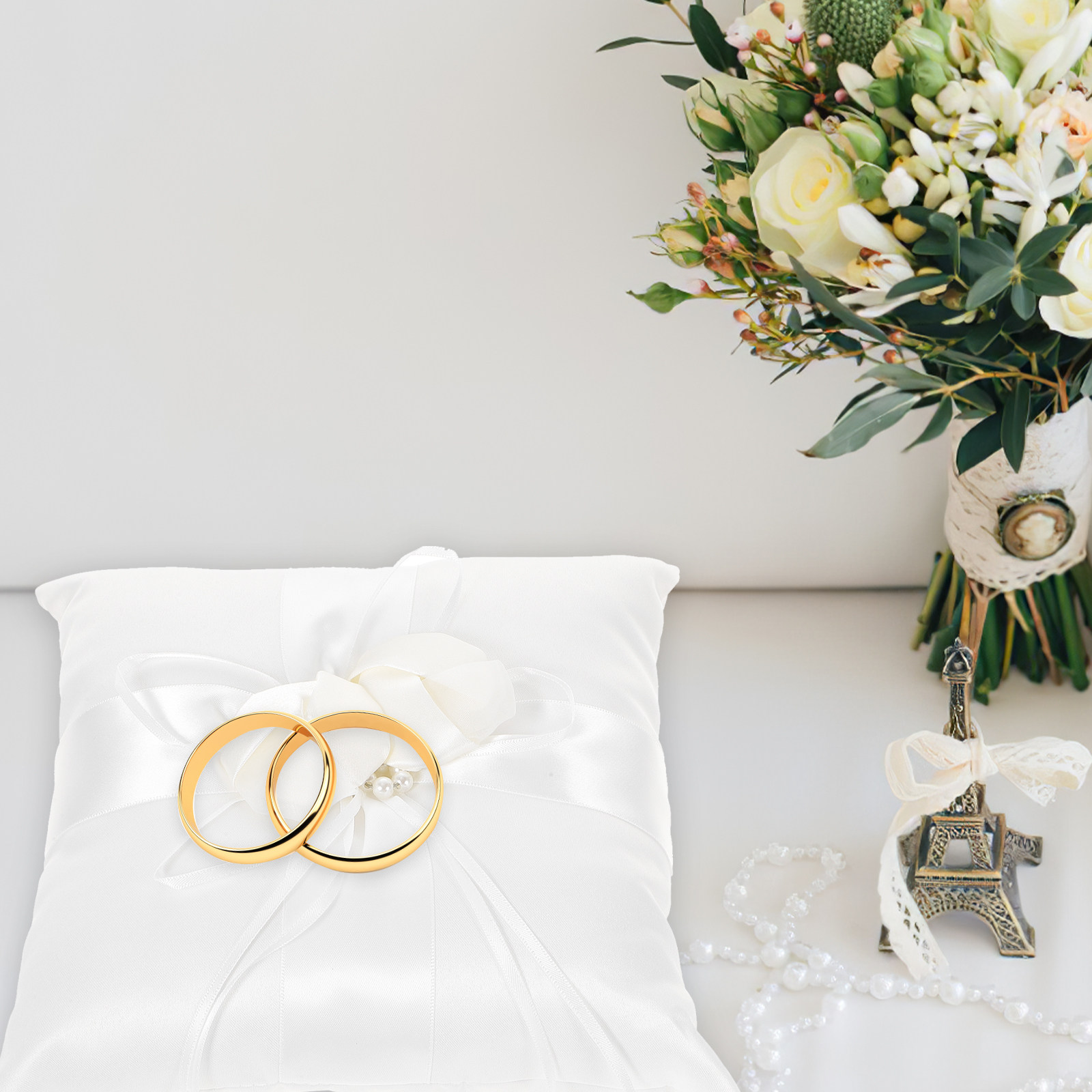 Ring Bearer Pillow - 20x20cm Elegant Wit Satijnen Zakringkussen Bloemknop