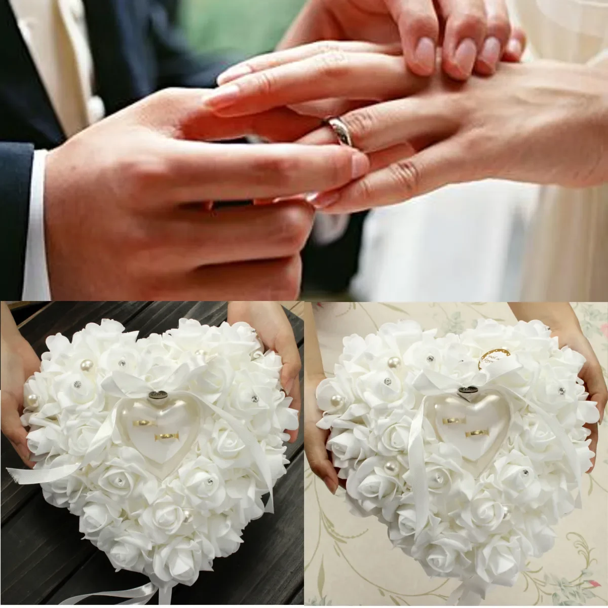 Ring Bearer Pillow - Witte Ringdrager Kussen Kussenhouder Hartvorm Rose